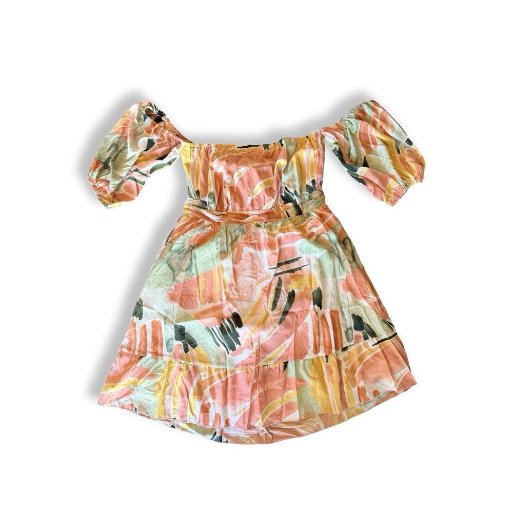 Elings Off-Shoulder Puff Sleeve Mini Dress XL Watercolor Abstract Print Smocked